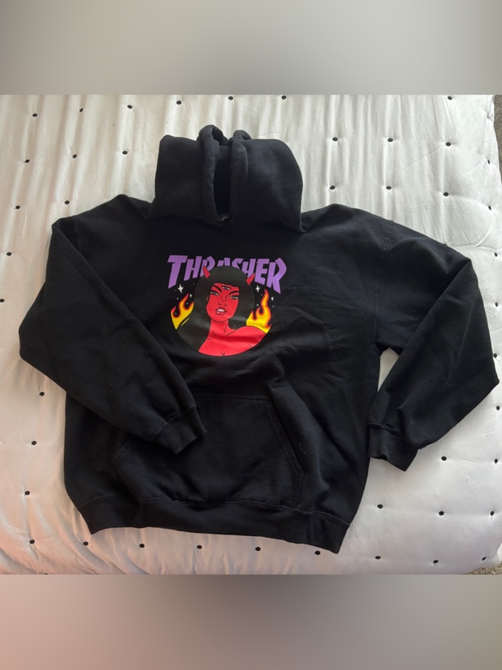 Thrasher Black Hoodie with Purple Logo and Red Flame Graphic